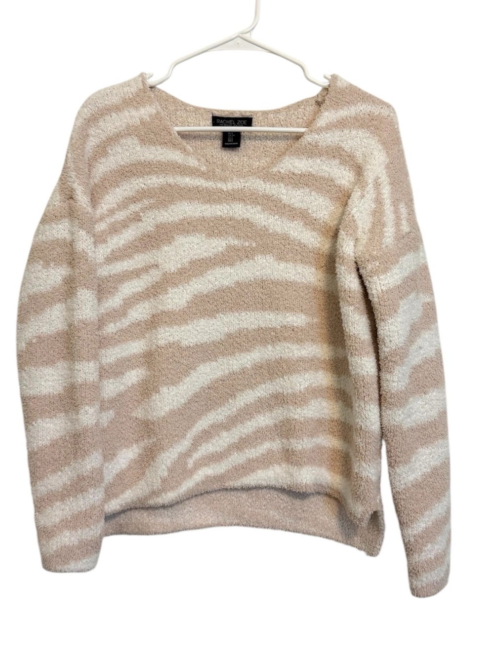 Rachel Zoe Zebra Print Sweater Small Beige Cream Soft Cozy Fuzzy Pullover